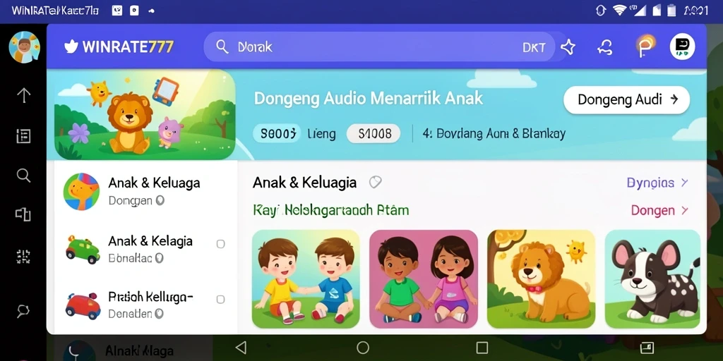 Antarmuka aplikasi WINRATE777 dengan berbagai pilihan dongeng audio.